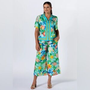 Tori Richard Silk Aqua Pixelated Floral Wide Leg Cropped Bristol Pants‎ Sz. M